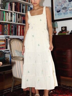 Cream Floral embroidered Tiered Dress